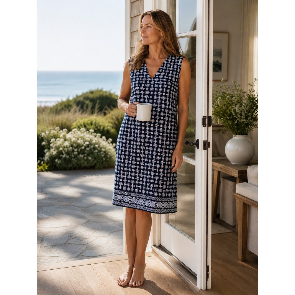 J. Jill Shift MIDI Dress Women L TALL Navy Blue Geometric Tile Knit V-Neck